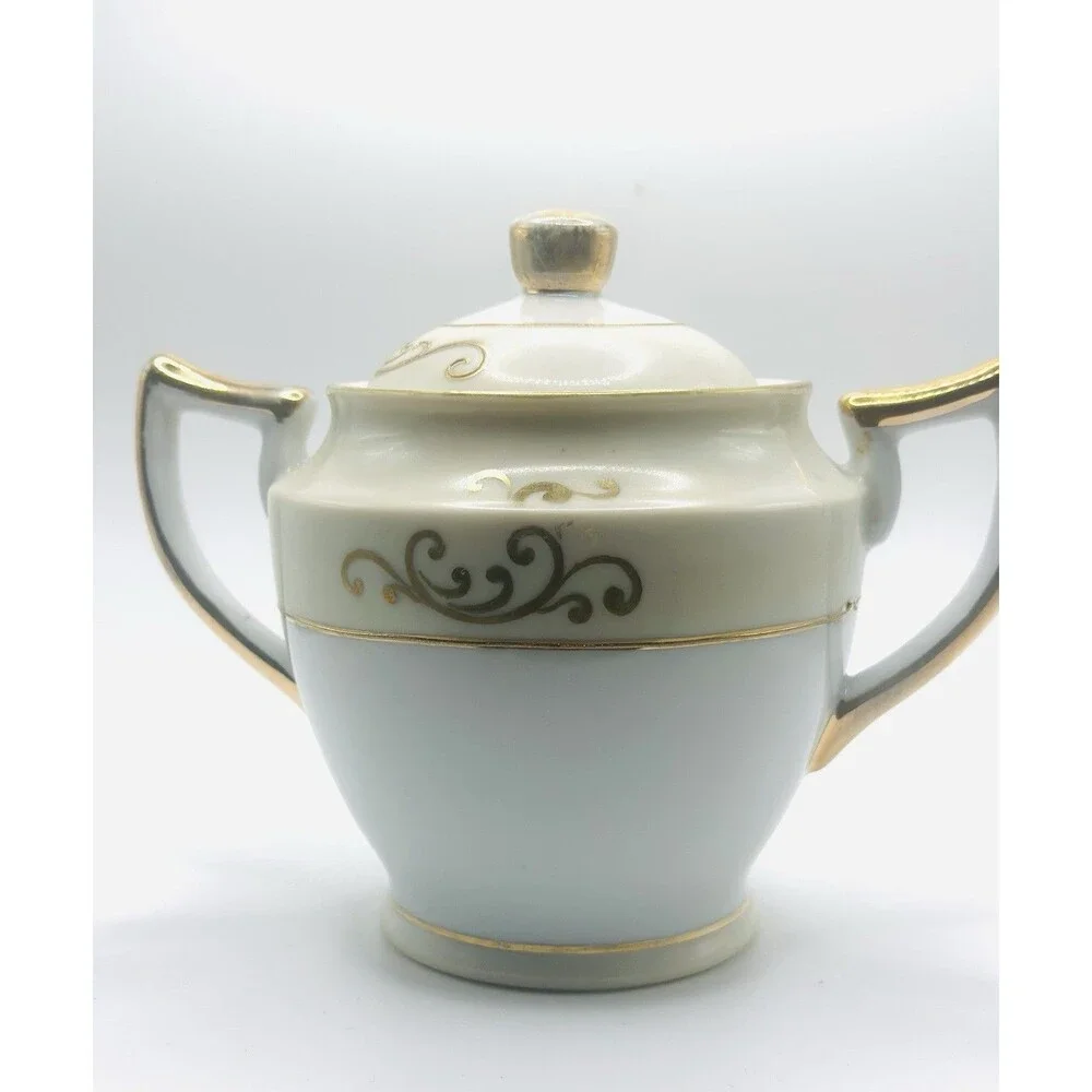 Vintage HANO Painted Japan Covered Sugar Bowl Gold Scroll Handles